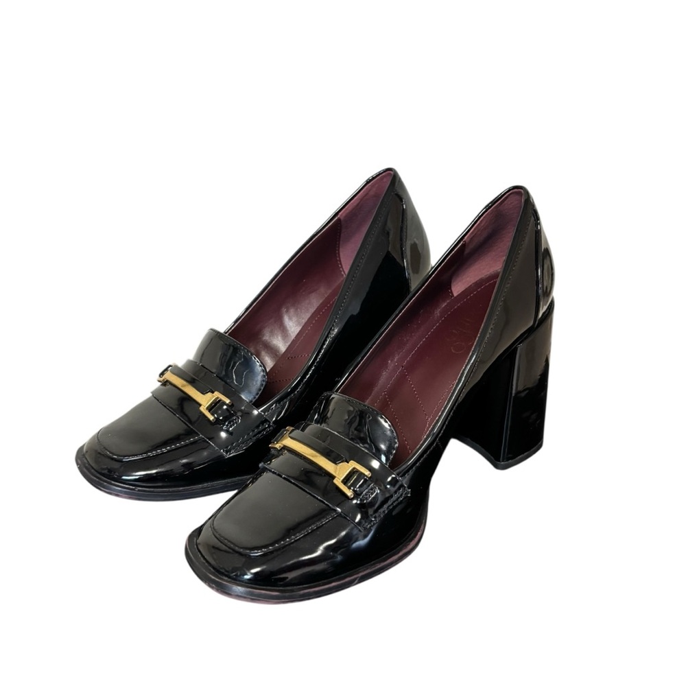 Franco Sarto Black Patent Block Heel Loafers with Gold Accent